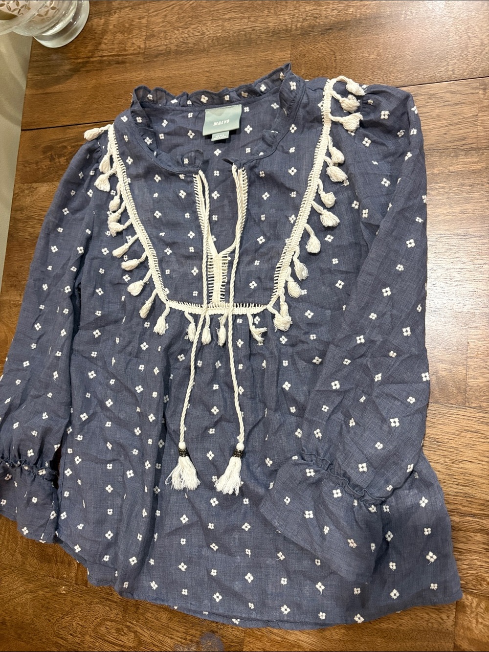 Meave Anthropologie Tassel Top Women’s Size Small. Blue & White blouse